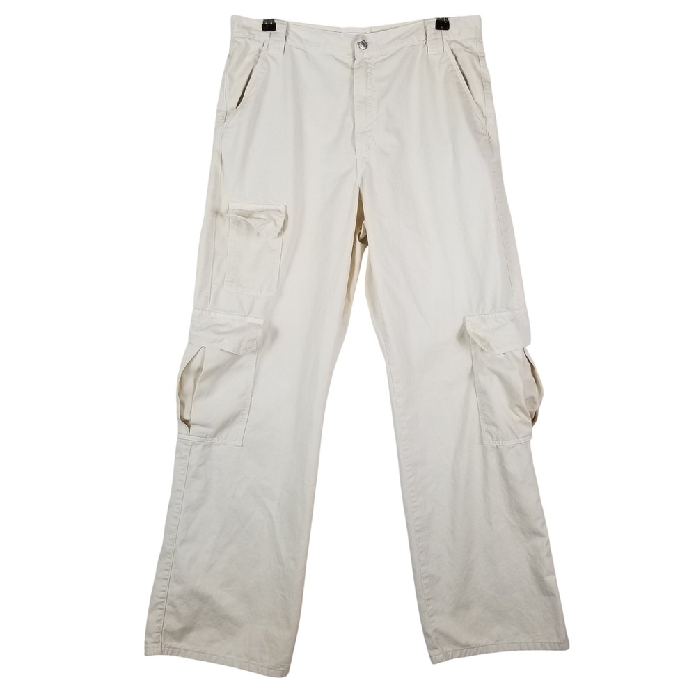 Zara Cargo Pants Womens 10 Cream Wide Leg Cotton Utilitarian Mid Rise Off-White - Picture 1 of 7